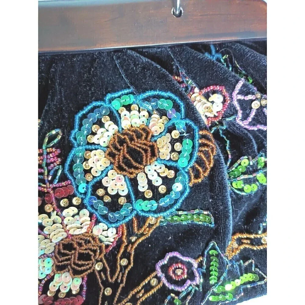 Vintage Style Satchel Purse Wood Handle Black & Multi Colored Beaded Hand Sewn